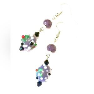 Purple Black White Green Red Multicolor Textured Bumpy Art Glass Dangle Earrings